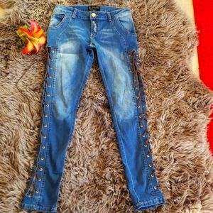 High-quality Fashion Kauda  crossed sided Jeans lace up jeans strechy